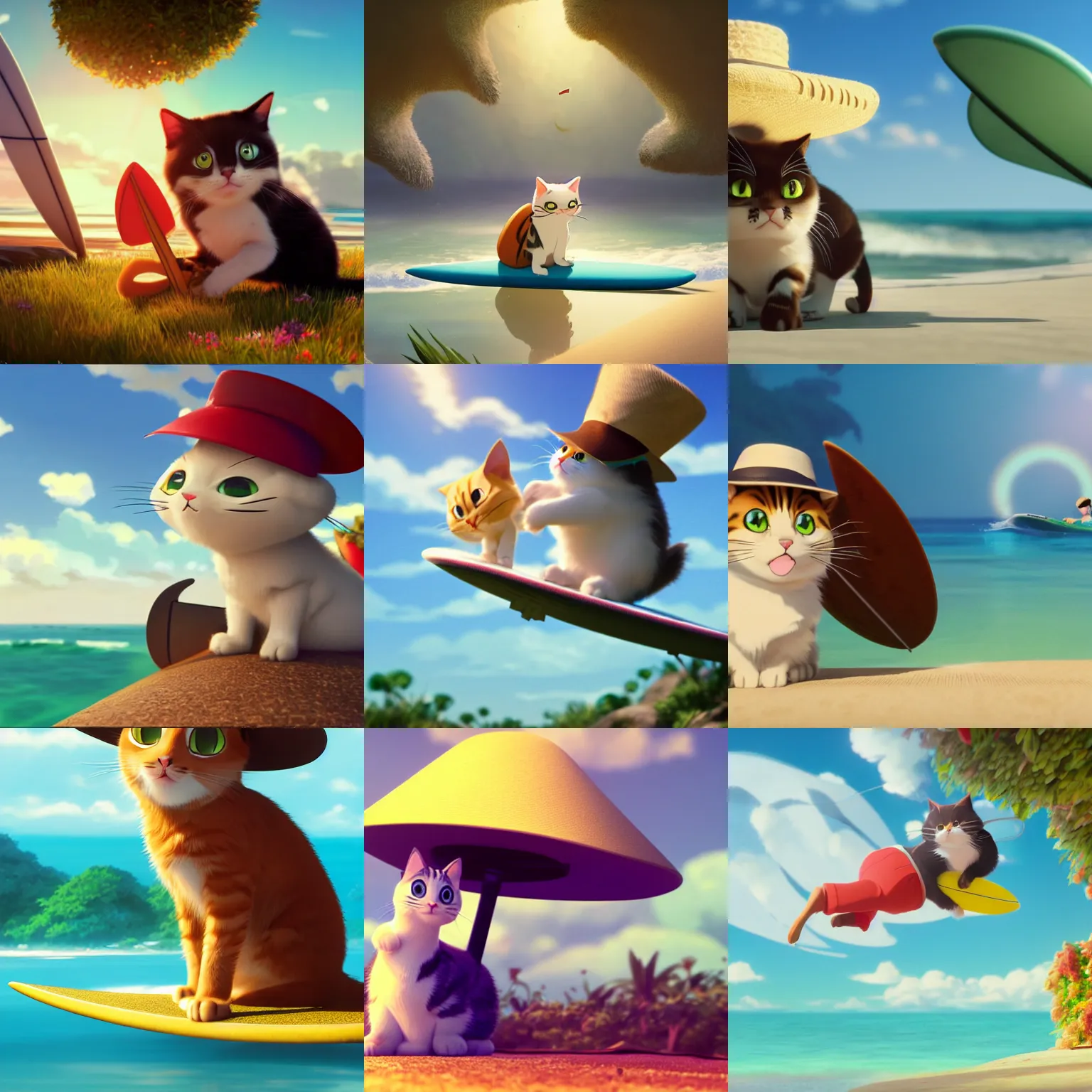 Prompt: a wholesome animation key shot of a cute cat is wearing a sunhat and surfing on a surfboard, studio ghibli, pixar and disney animation, sharp, rendered in unreal engine 5, anime key art by greg rutkowski, bloom, dramatic lighting