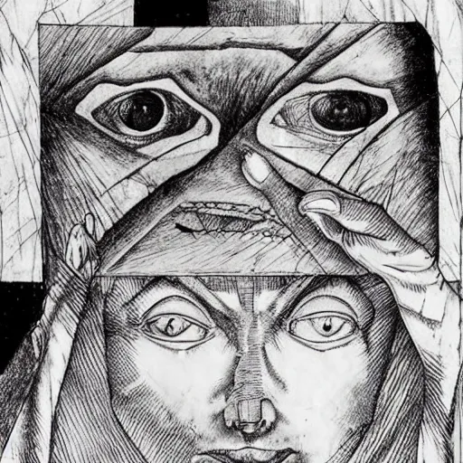 Prompt: the eyes of fear by Junji Ito and leonardo da vinci