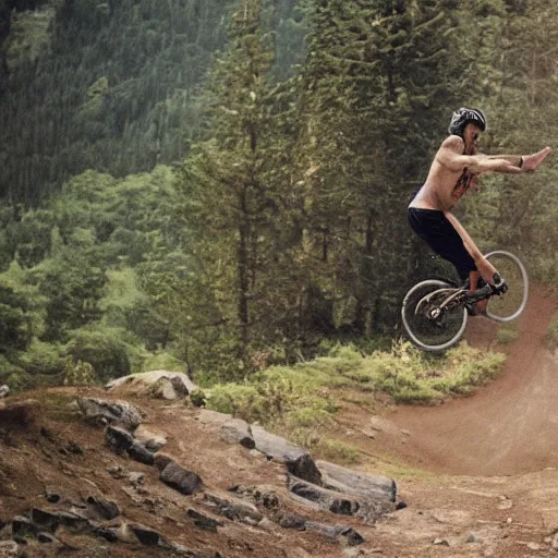 Prompt: a film still of jesus christ doing a backflip on a mountainbike