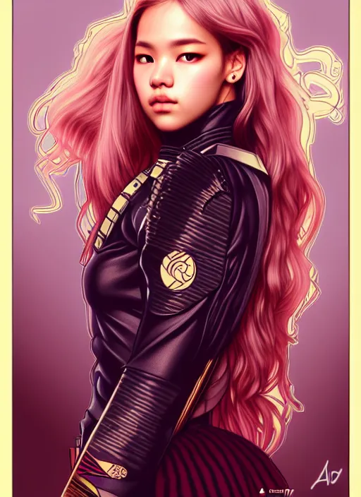 Image similar to jossi of blackpink, female soldier, tarot card, highly detailed, digital painting, smooth, sharp focus, illustration, ultra realistic, 8 k, art by artgerm and alphonse mucha