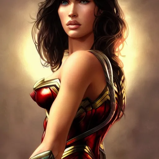 Image similar to ultra realistic illustration, megan fox as wonder woman anime, intricate, elegant, highly detailed, digital painting, artstation, concept art, smooth, sharp focus, illustration, art by artgerm and greg rutkowski and alphonse mucha and wlop