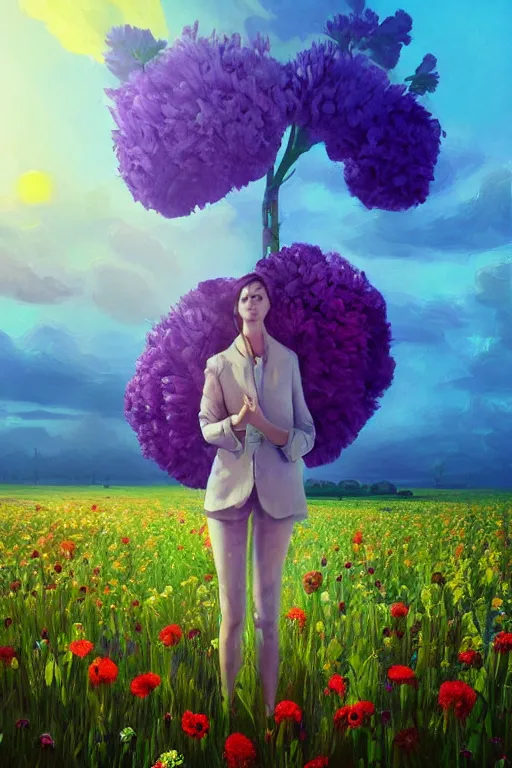 Image similar to closeup, giant flower head, girl in suit standing in a field of flowers, surreal photography, sunrise, blue sky, dramatic light, impressionist painting, digital painting, artstation, simon stalenhag