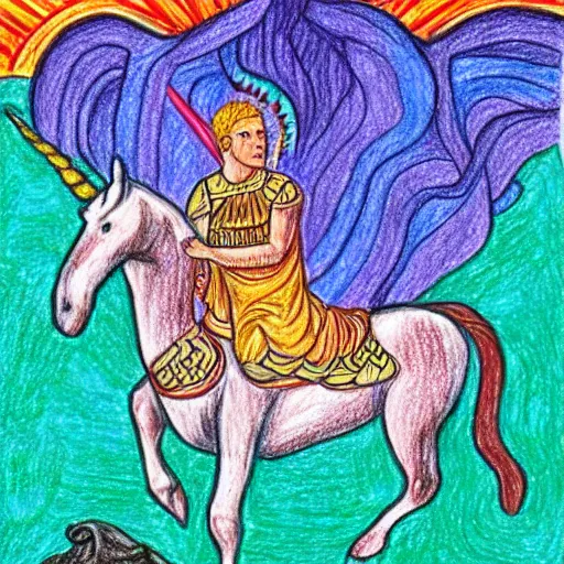 Image similar to A drawing of Julius Caesar riding a unicorn, colored pencil art,