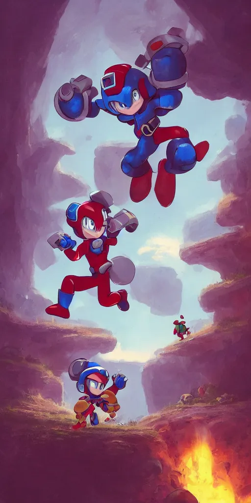 Prompt: megaman and protoman are jumping off a witch hut with chicken legs, greg rutkowski, zabrocki, karlkka, jayison devadas, trending on artstation, 8 k, ultra wide angle, zenith view, pincushion lens effect