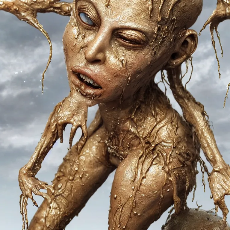 Image similar to photo taken of an epic intricate, ultra detailed, super realistic gritty, wet, lifelike sculpture of a beautiful alien women wearing torn bikini and white shoes created by weta workshop, zoomed in shots, subsurface scattering, photorealistic, sharp focus, white wall coloured workshop, cold colour temperture, f 0. 4, face centred, golden ratio, golden hour