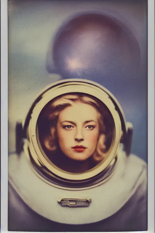 Prompt: vintage polaroid analog photo of a beautiful blonde woman wearing a space helmet, full lips, makeup, warm azure tones, heavy lensflare, color bleed, film grain, depth of field, jules bastien - lepage, rudolph belarski, johfra bosschart, alexandre cabanel