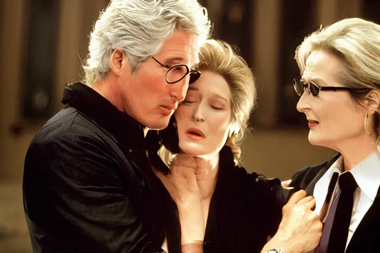 Image similar to richard gere and meryl streep play two vampires hugging each other in dark flames, scene from film