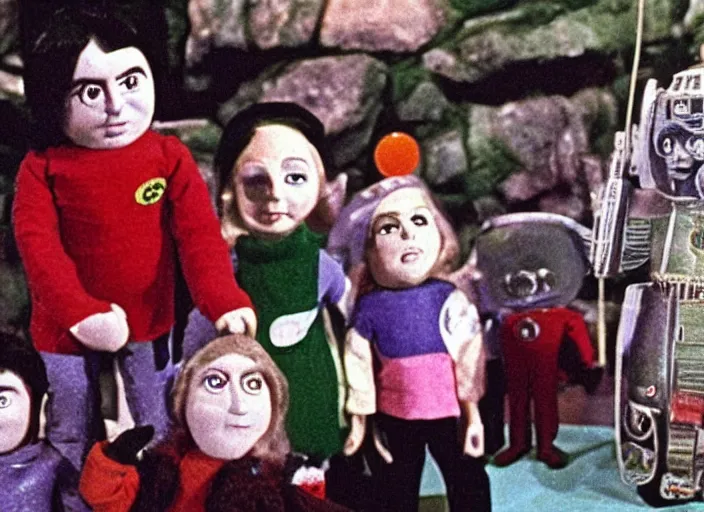 Prompt: a scene from a 1 9 7 0 s british kids tv programme by the bbc and gerry anderson, supermarionation, vhs distortion, folk horror, hauntology