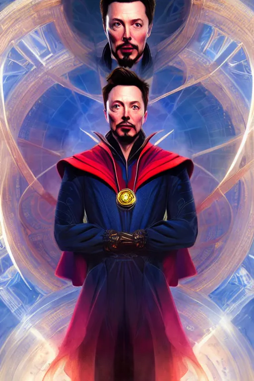 Image similar to elon musk as dr strange, realistic portrait, symmetrical, highly detailed, digital painting, artstation, concept art, smooth, sharp focus, illustration, cinematic lighting, art by artgerm and greg rutkowski and alphonse mucha