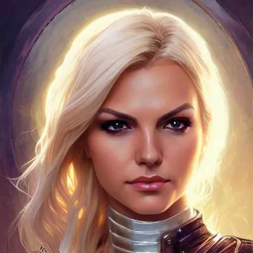 Image similar to Blonde Victoria Justice with hazel eyes as Emma Frost, western, D&D, fantasy, intricate, elegant, highly detailed, digital painting, artstation, concept art, matte, sharp focus, illustration, art by Artgerm and Greg Rutkowski and Alphonse Mucha