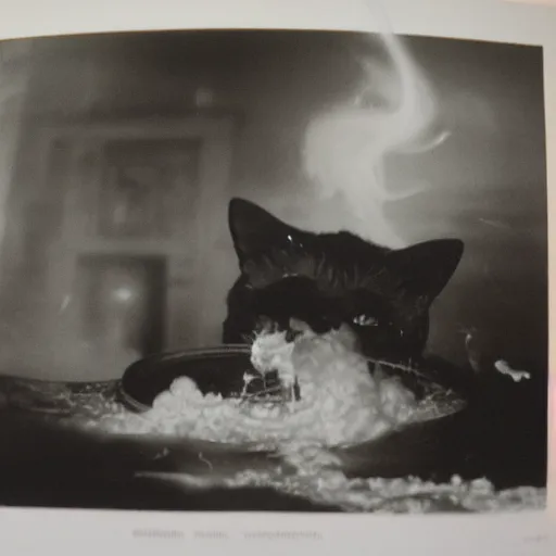 Image similar to lithograph of a cat emitting ectoplasm, haunted cat, ghostly presence, vintage photography