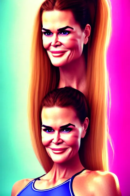 Image similar to portrait of a mix of beautiful young maria shriver, mariel hemmingway, brooke shields, nicole kidman and elle macpherson as an exercise gym girl, thin lips, hair tied up in a pony tail, colorful artstation, cgsociety