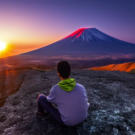 Prompt: hyperealistic, 4k photograph of a Irish man staring into the sunset on Mount Fuji