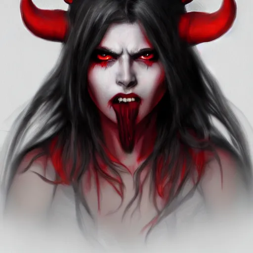 Prompt: artstation young woman with red eyes and horns on her head in fury, very detailed, , portrait, high contrast