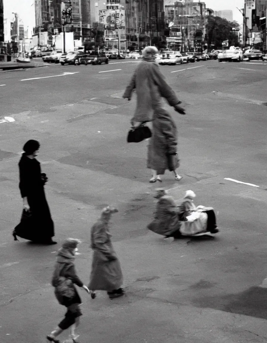 Prompt: Elderly woman crossing the street with a walker, nuclear mushroom cloud in the background, black and white photo by Annie Leibovitz