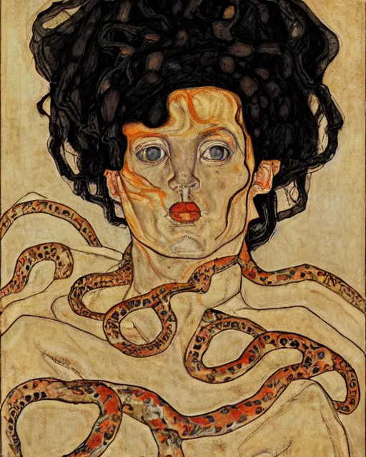 Image similar to portrait of a strong medusa with many pythons by egon schiele in the style of greg rutkowski