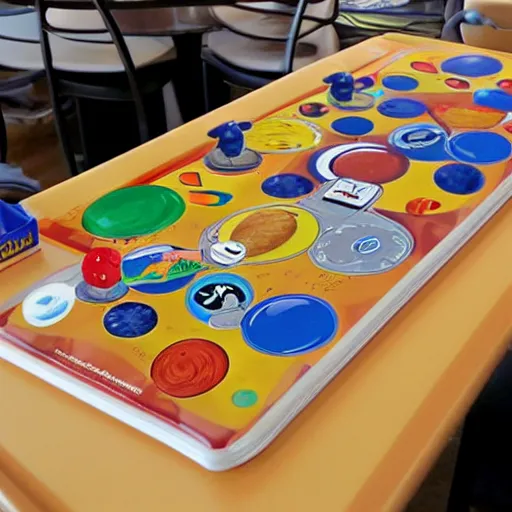 Image similar to The planets of the solar system as a McDonald's happy meal toy, on a table at McDonald's