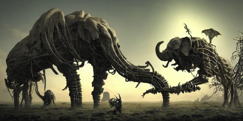 Prompt: a giant cyber ghoul riding a skeletal elephant walking in a extra terrestrial landscape under a multi sun sky, hyper detailed, digital art, trending in artstation, cinematic lighting, studio quality, smooth render, unreal engine 5 rendered, octane rendered, art style by Zdzisław Beksiński and Giger and Brian Froud and Moebius