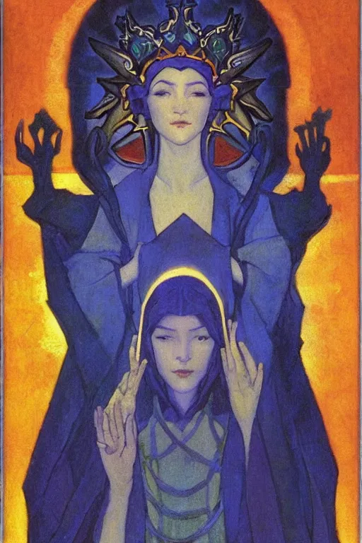 Prompt: child of darkness with her crown and lantern, by Nicholas Roerich and Annie Swynnerton and and jean delville, dramatic cinematic lighting , ornate headdress , flowing robes, sacred artifacts, lost civilizations, smooth, sharp focus, extremely detailed