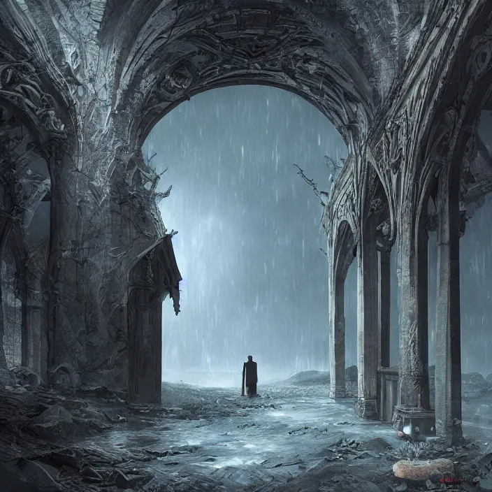 Image similar to gazing through the ominous dark etherial archway to the pitch black void, dark midnight, quiet and serene atmosphere, cg society contest winner, intricate high detail matte painting masterpiece