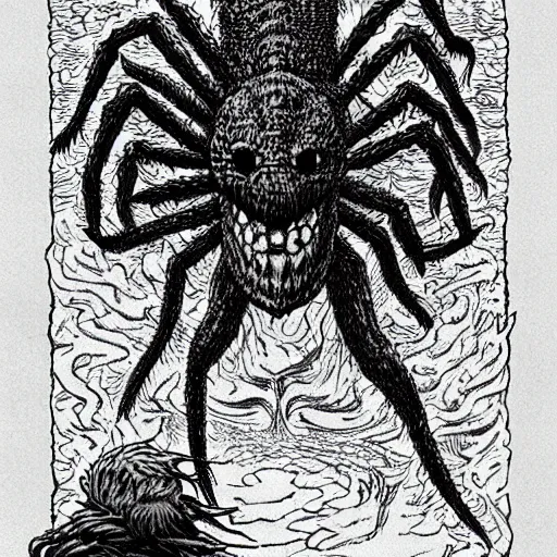 Prompt: giant spider made of fire attacking a scary monster made of water by kentaro miura