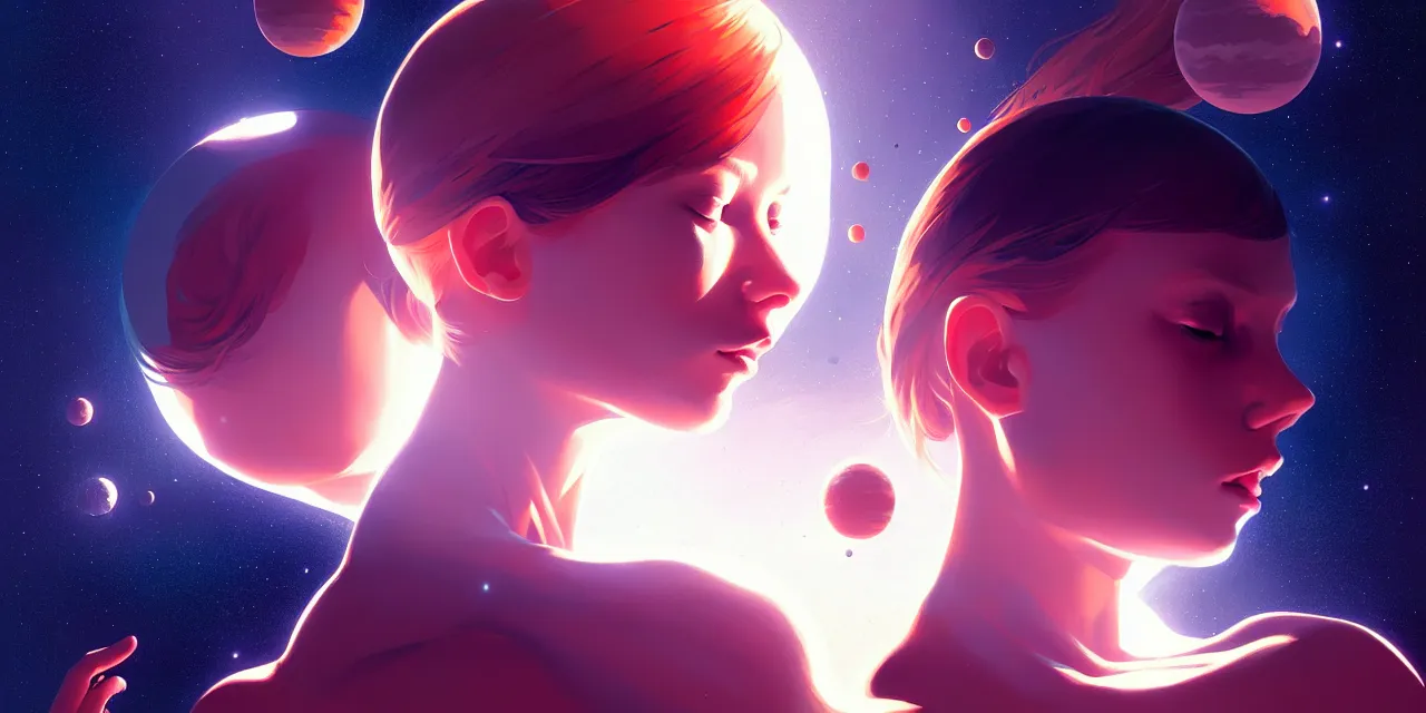 Image similar to girl in space, floating beside planets, symmetrical face and body, dynamic body pose, dynamic composition, detailed designs, digital painting, 4 k, by ilya kuvshinov, by greg rutkowski, atmospheric lighting