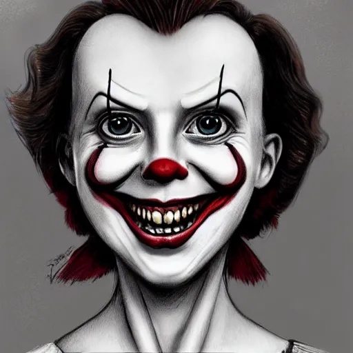 Image similar to surrealism grunge cartoon portrait sketch of millie bobby brown with a wide smile and a red balloon by - michael karcz, loony toons style, pennywise style, horror theme, detailed, elegant, intricate