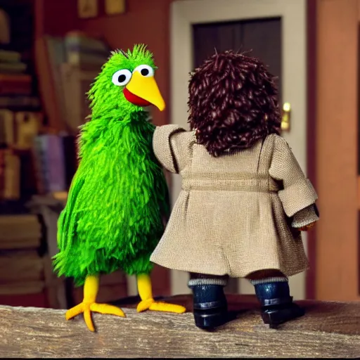 Image similar to big bird from sesame street is tiny and on the back of frodo the hobbit from lord of the rings, hyperrealistic, clean and pristine design, cinematic composition, dramatic lighting, 8 k,