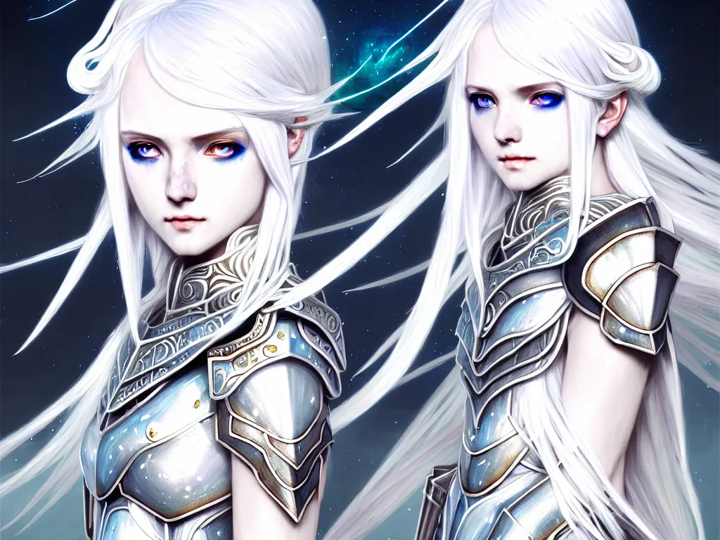 Image similar to portrait white hair knights of zodiac girl, matt white ice color armor, in ruined agora of athens sunrise, ssci - fi and fantasy, intricate and very beautiful and elegant, highly detailed, digital painting, artstation, concept art, smooth and sharp focus, illustration, art by ayanamikodon and tian zi and alphonse mucha and wlop