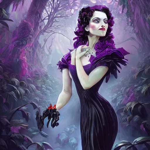 Image similar to evil queen holding up a crystal apple with both hands, wearing a black dress with big collar, a violet magical jungle in the background. in the style of magic the gathering, james jean, ross tran, craig mullins. yennefer vengerberg, magical atmosphere, superdetailed illustration, 3 d art overpain, 8 k