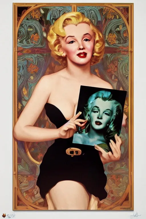 Image similar to beautiful cottagecore Marylin Monroe holding an Warhol painting. intricate, elegant. highly detailed, digital painting, artstation, concept art, smooth, sharp, focus, illustration. . art by artgerm and greg rutkowski and alphonse mucha