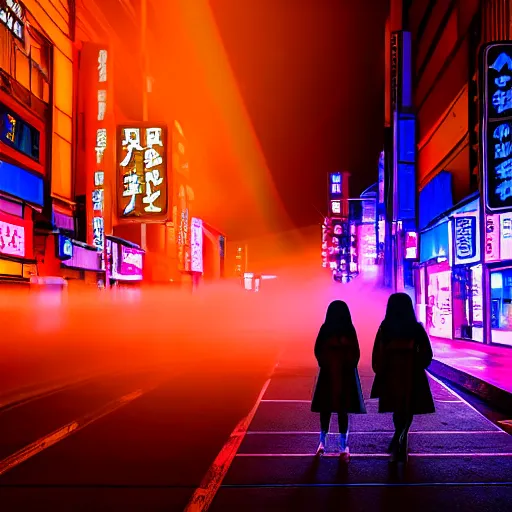 Prompt: a dramatic colorful fujifilm photograph of a young japanese girl\'s silhouette standing in the middle of a tranquil nighttime tokyo street. neon signs light the fog with volumetric rays.