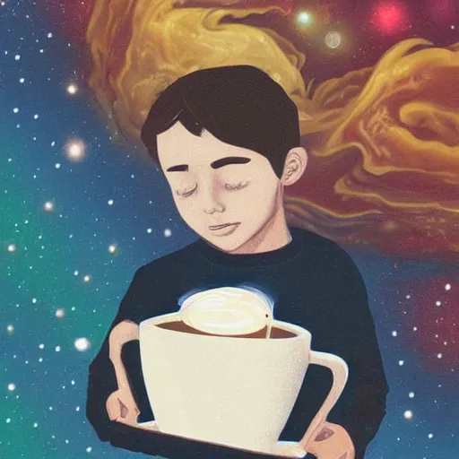 Prompt: a boy with dark eyes full of cosmic nebulae drowning in a roiling ocean of coffee spilling from a little coffee mug, nostalgic melancholic artwork