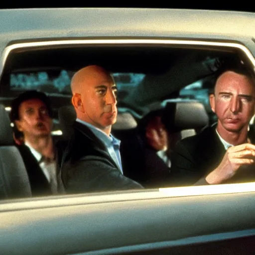 Prompt: jeff bezos as tim roth in reservoir dogs, bleeding in the back seat of the car holding his guts in, 3 5 mm film, high quality film, big screen, cinematic