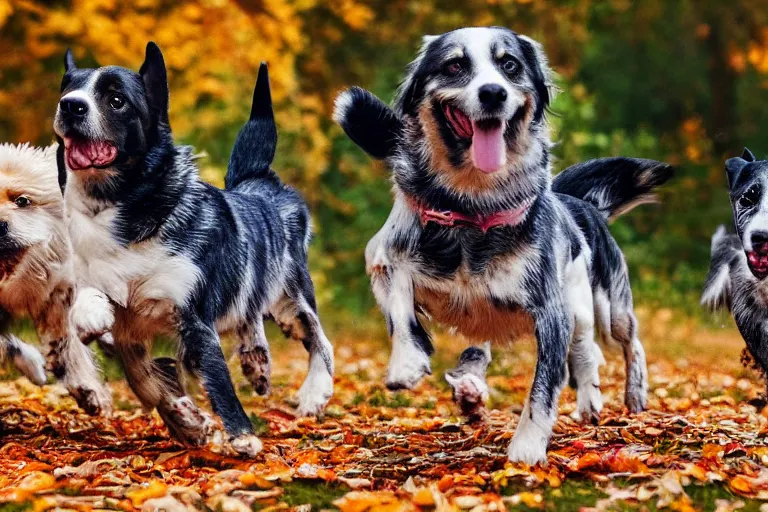 Prompt: dogs running through autumn leaves towards the camera, motion blur