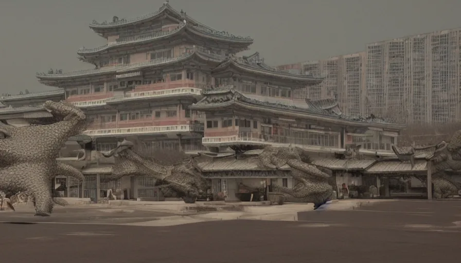 Image similar to a film still of a north korean monster movie, kaiju - eiga monster starfish - like over traditional korean palace split in half, film noir, video compression, ripple effect