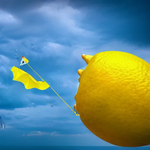 Prompt: a lemon wearing sunglasses, flying a kite in a thunderstorm, realistic photo