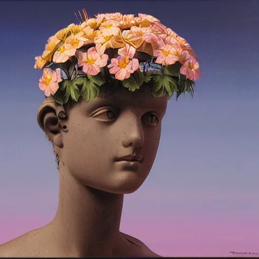 Image similar to a painting by Thomas Cole of a vaporwave robot head with flowers growing out, highly detailed 3d rendering from 1996