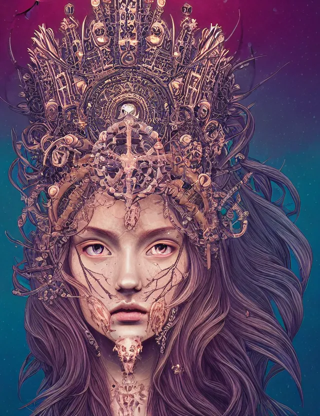 Image similar to symmetrical, centered, goddess close-up portrait wigh crown made of skulls. phoenix betta fish, phoenix, bioluminiscent creature, super intricate ornaments artwork by Tooth Wu and wlop and alena aenami and greg rutkowski