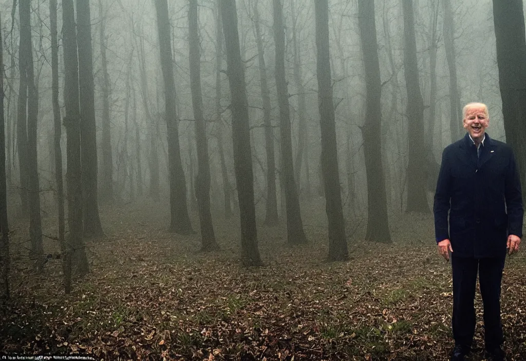 Image similar to low quality iphone photo of joe biden standing ominously deep in the foggy woods with a demonic smile in his face and his hands behind his back, low visibility creepy, grainy, trail cam footage