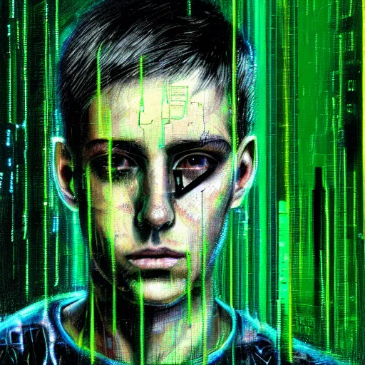 Image similar to hyperrealistic portrait of a cyberpunk teenager, male, short hair, confident, cybernetics, immersed within a glitch network, by Guy Denning, Metzinger, Russ Mills, glitch art, hyper focus, fine detail, hacking effects, digital tech effects, chromatic, color blocking!, green, acrylic on canvas, concept art, abstract, trending on cgsociety, trending on artstation