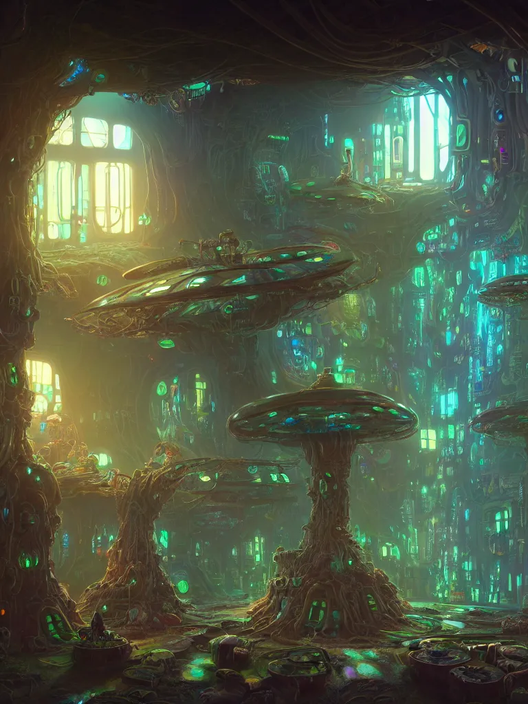 Image similar to the interior of a celestial cyberpunk cottage in a bioluminescent tree trunk decorated beautifully, lots of cyberpunk design elements like gigantic toadstool mushrooms and robots, warm sunlight shining in, lots of plants and cables, concept art 8 k resolution, fantasy illustration, sharp focus, detailed painting, deep color, volumetric lighting, crepuscular rays