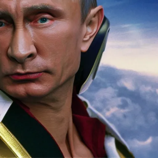 Image similar to Vladimir Putin as a villain in the Power Rangers movie from 1995, fighting, close-up, still