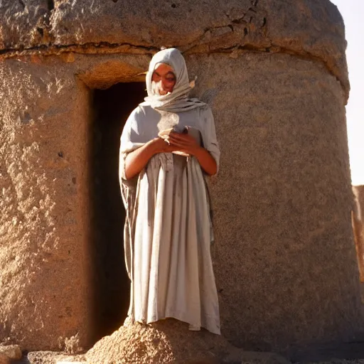 Prompt: 22 year old Mediterranean woman in ancient Canaanite clothing next to an ancient well in a movie directed by Steven Spielberg, movie still frame, promotional image, imax 70 mm footage