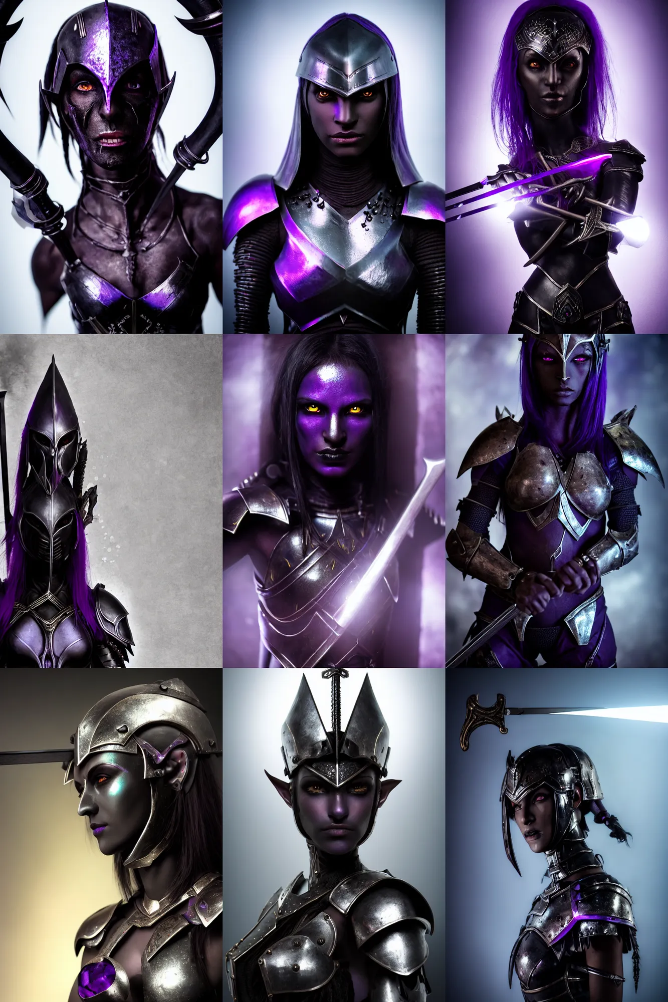 Prompt: an ultra high definition real life head shot photograph of female dark elf with dark black purple skin wearing metal armour and sword in an underground environment. close up. three point lighting. volumetric. refraction. extremely detailed. soft focus. ambient light sources. haze artefacts, light glare, art directed. filmic.