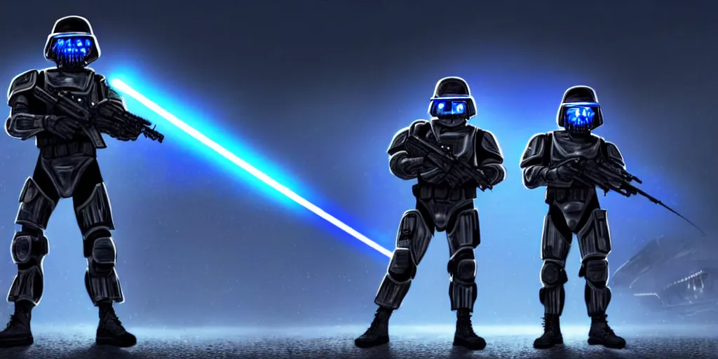 Prompt: A very detailed sketch of two soldiers with blue laser rifles wearing black power armour with blue sprites and full helmets with blue visors, night, fog, a complicated chrome-plated spaceship with blue lights in the background, realistic 4k octane beautifully detailed render, 4k post-processing, highly detailed, intricate complexity, epic composition, magical atmosphere, cinematic lighting, masterpiece, ultra hd