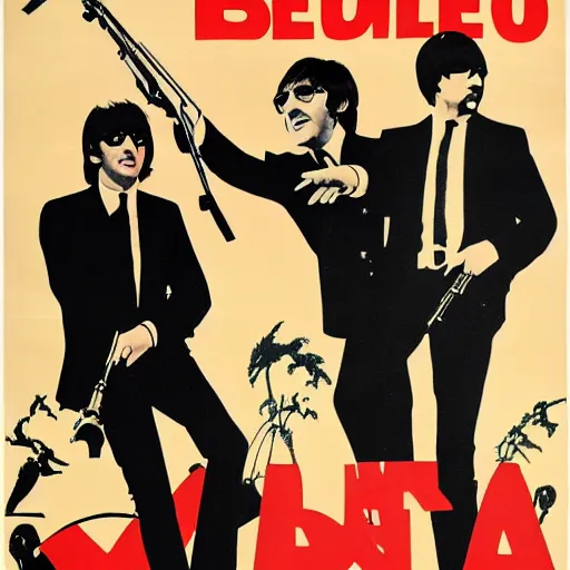 Prompt: john lennon and the beatles star in a james bond movie, 1960s film poster