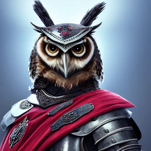 Prompt: a portrait of an owlknight, wearing a knight armor and a cape, fantasy artwork, colors, hyper detailed, realistic lighting, octane render, 4 k,