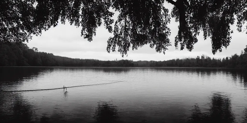 Image similar to a infinitely long rope zig - zagging across the surface of the water into the distance, floating submerged rope stretching out towards the center of the lake, a dark lake on a cloudy day, atmospheric, color film, trees in the background, hyper - detailed photo, anamorphic lens