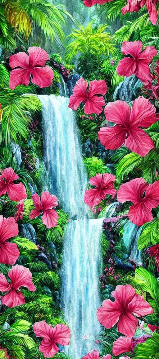 Image similar to cascading concept art of an exotic garden with waterfall and flowers and palm trees, hibiscus, detailed, highly detailed, aesthetic, realistic, hyper realism, colorful, in depth, intricate,